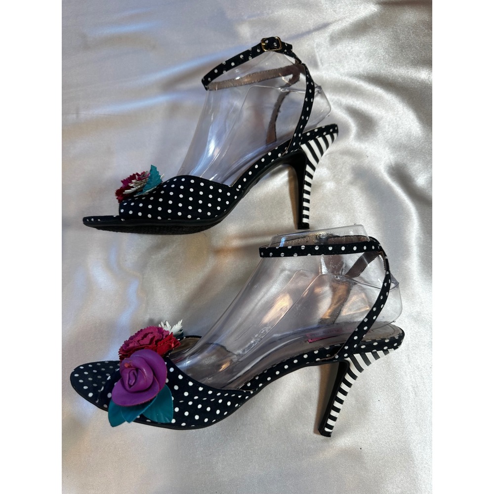 Betsey Johnson Polka Dot Striped Floral Applique Ankle Strap Heels Size 10 - Picture 4 of 6